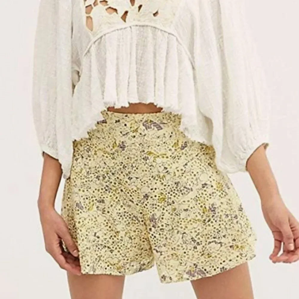 Free People‎ Shallow Waters Cotton Printed High-Waist Shorts Women's 8 Yellow